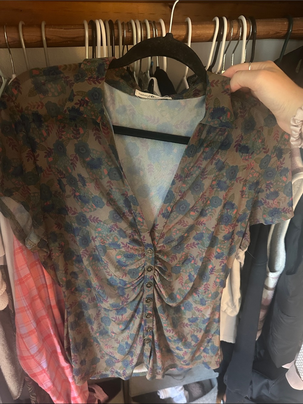 NATURAL LIFE Sheer Green Floral Ruched Button-Up Blouse